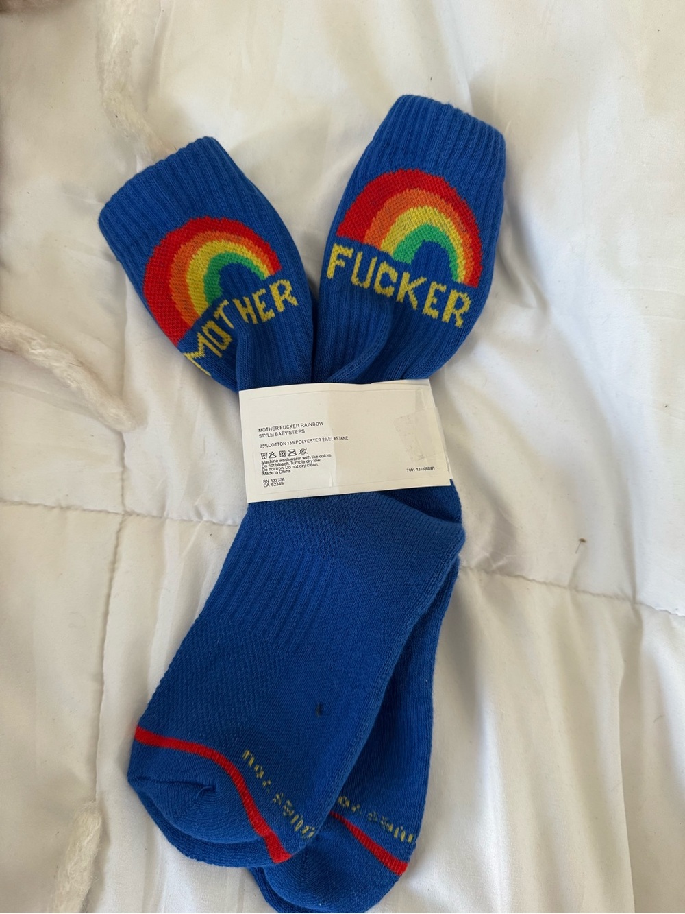 Mother Denim Blue Rainbow Graphic Crew Socks - Novelty Text Design